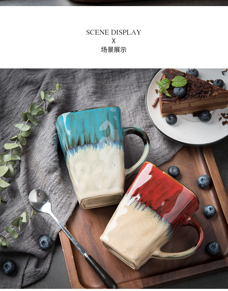 Retro ceramic cup children 's creative mark cup with cover with teaspoons of large capacity of household square glass coffee cup tea cups