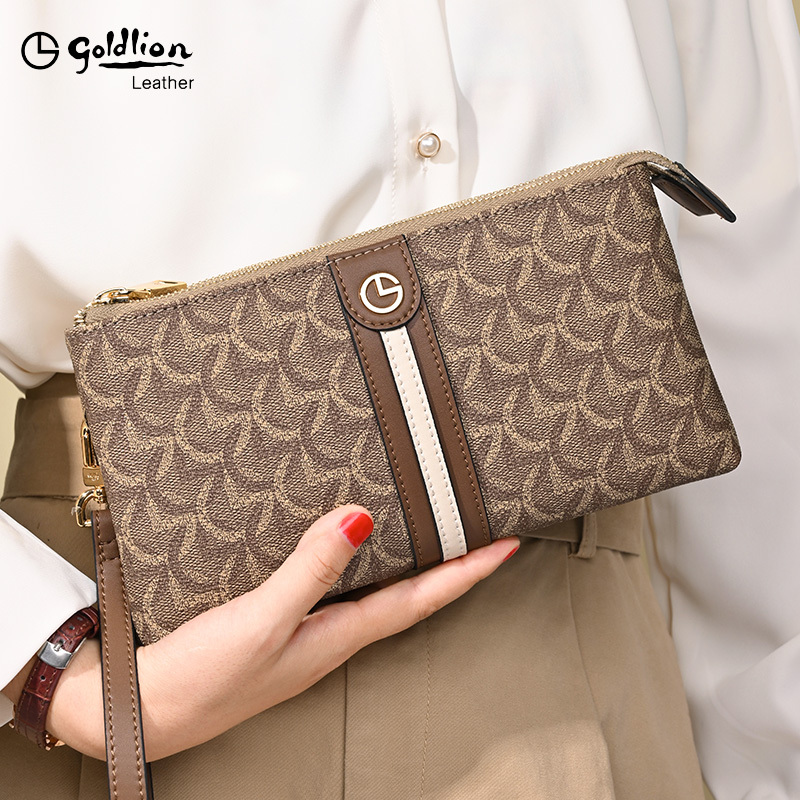 Goldlion Women's Long Wallet 2026 New Model Double Zipper Clutch Large Capacity Leather Wallet High-End Handheld Women's Bag