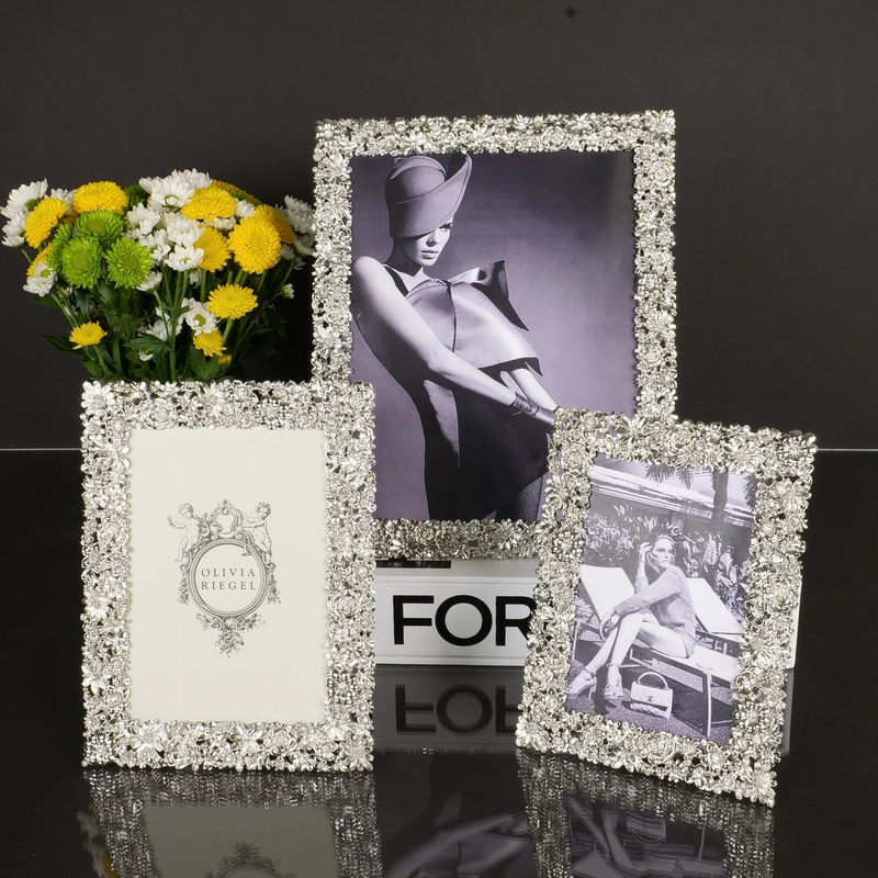 New York Lower City Park Imported Olivia Riegel Evelyn Crystal Tin Photo Frame with Flowers in Bloom, Gold and Silver New York Lower City Park Imported Olivia Riegel Evelyn Crystal Tin Photo Frame with Flowers in Bloom, Gold and Silver