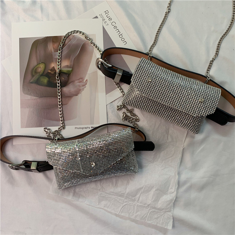 Personality flash drilling inlaid with purse ins2020 Korean version of new inclined cross detachable belt female 100 lap strap hanging bag tide