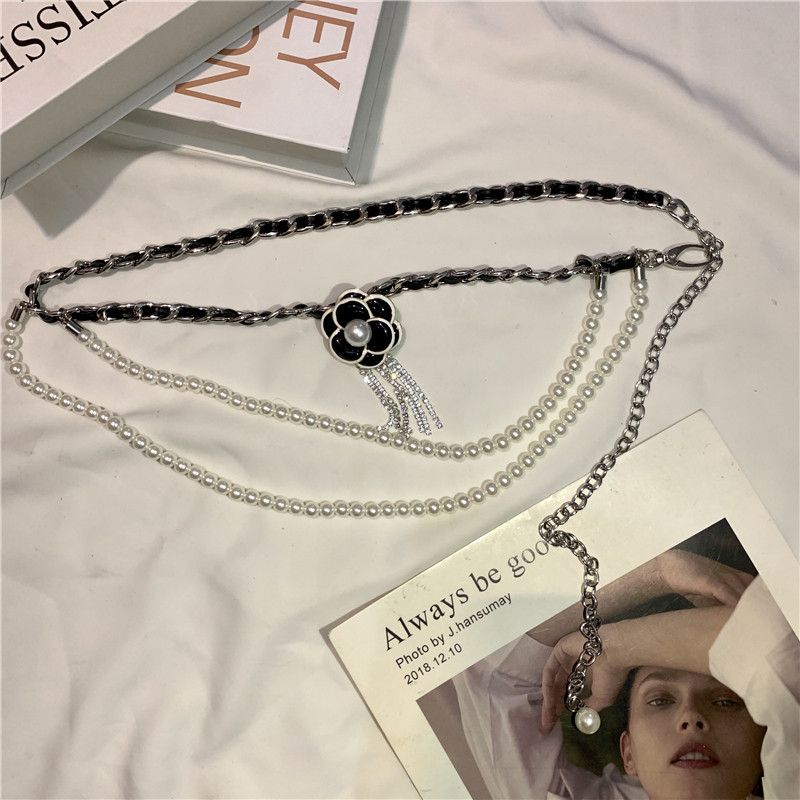 Korea ins braided waist chain Women's wild rhinestone pearl chain dress sweater chain decorative thin waist belt accessories