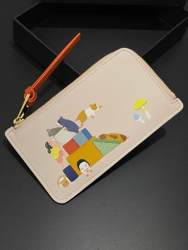 High-End Card Holder, Soft Calfskin, Suna Fujita Collaboration, Hamster Print, Women's Zipper Card Holder, Coin Purse