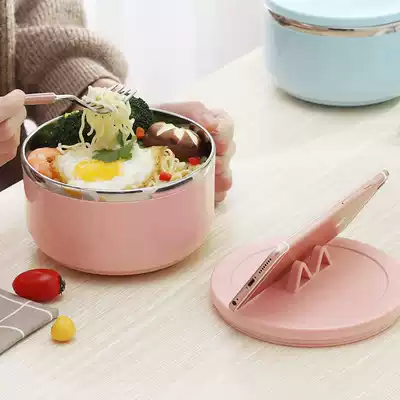 Lunch box stainless steel instant noodle bowl with lid Japanese student bento box dormitory easy to clean single cute bowl chopsticks set