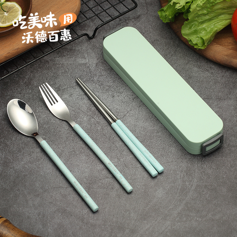 304 stainless steel tableware chopsticks spoon fork set 3 4 pieces of cute student folding tableware box