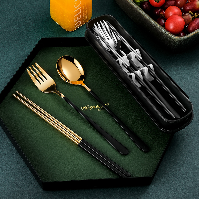 Stainless steel portable chopstick spoon cutlery set of three sets adult student fork chopstick spoon single fit containing box