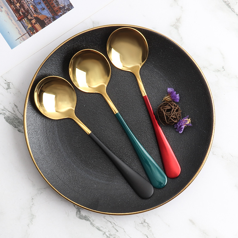 Stainless steel spoon creative cute short handle big round head spoon home children eat spoon net red soup spoon