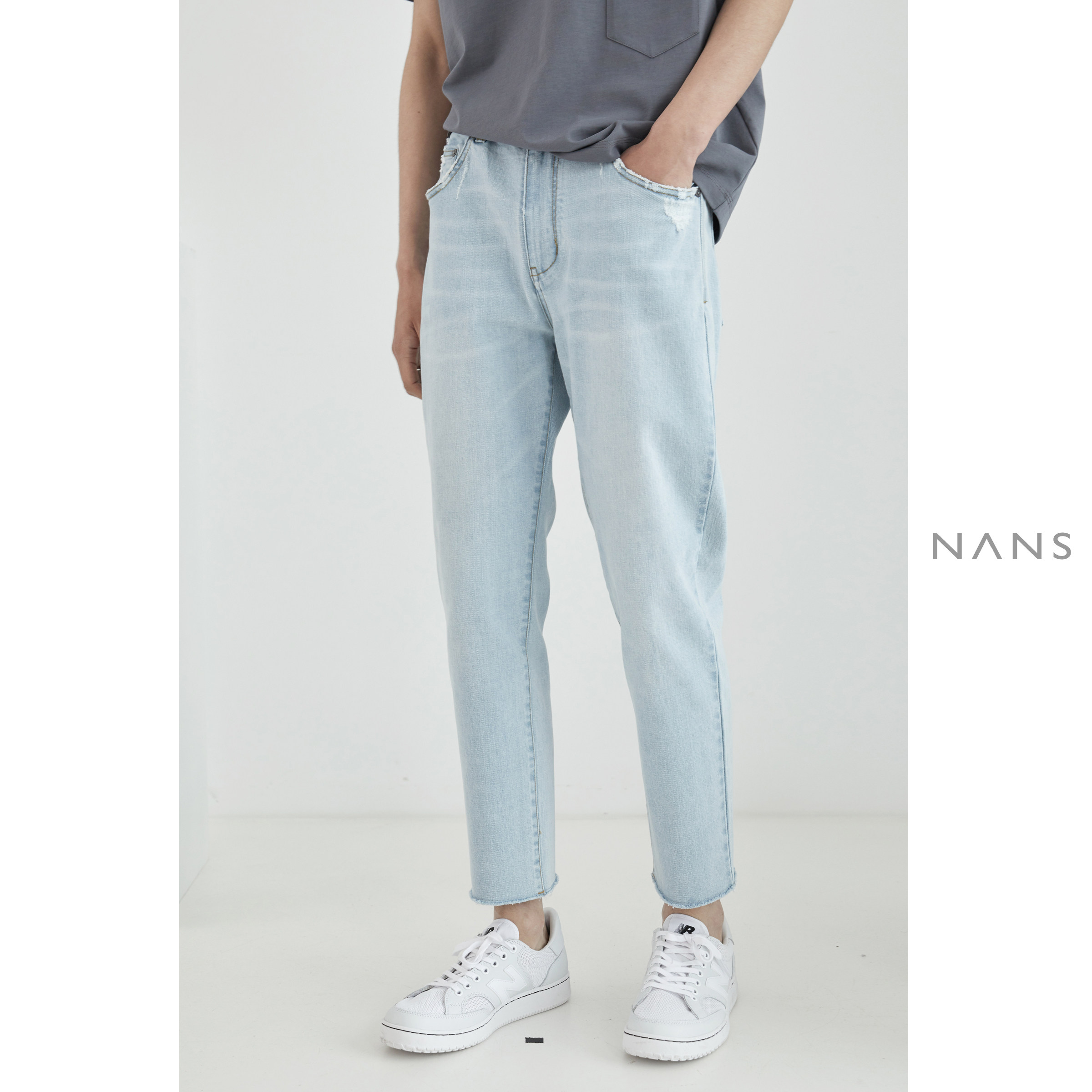 (NANS) light damage footed hair side elastic light pound jeans 90% pants ANKLE-LENGTH JEANS