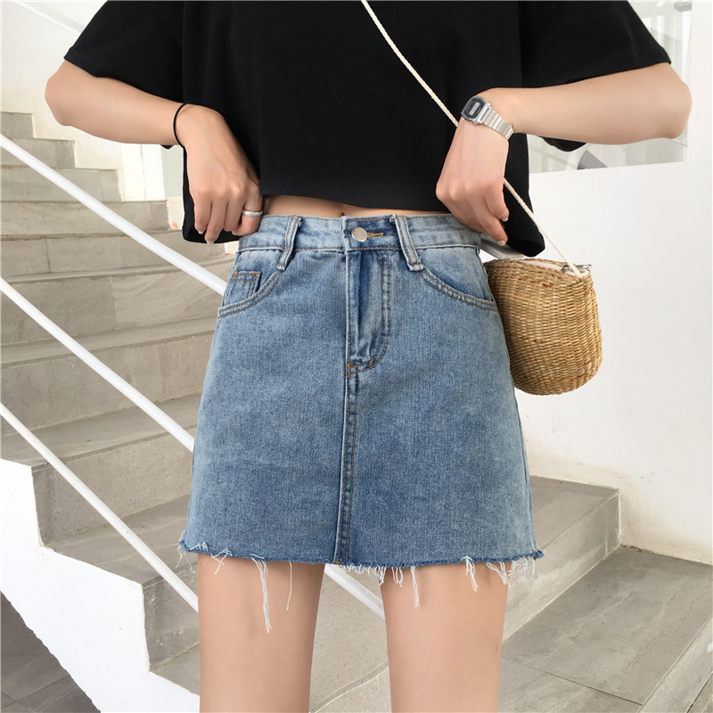 Hồng Kông phong cách retro một từ váy eo cao nữ 2019 phổ biến mùa hè denim váy ngắn chống sáng quần váy bước váy - Váy chân váy xếp ly dài cho người thấp