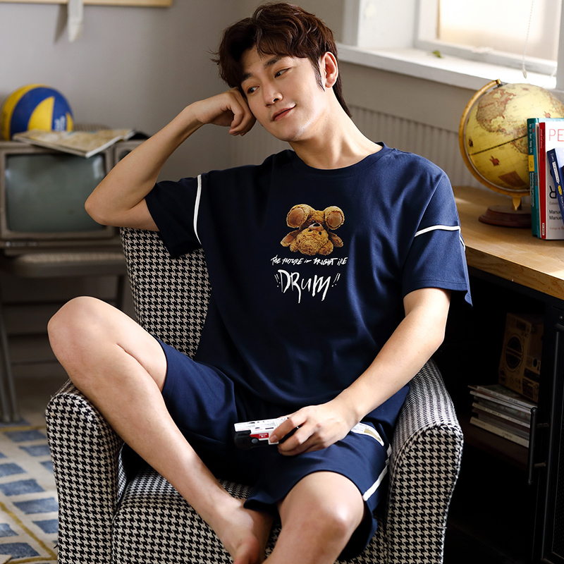 Casual Thư Pyjama Mens Summer bông ngắn tay áo Slim Teen Student Sourcotton Home Mang Set ngày.