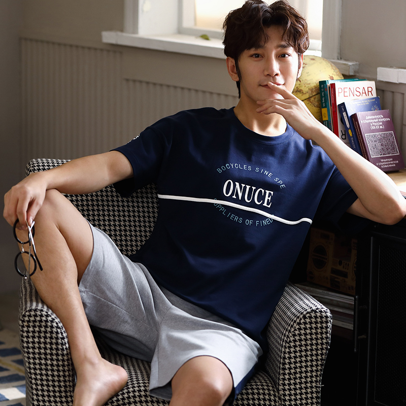 Casual Thư Pyjama Mens Summer bông ngắn tay áo Slim Teen Student Sourcotton Home Mang Set ngày.