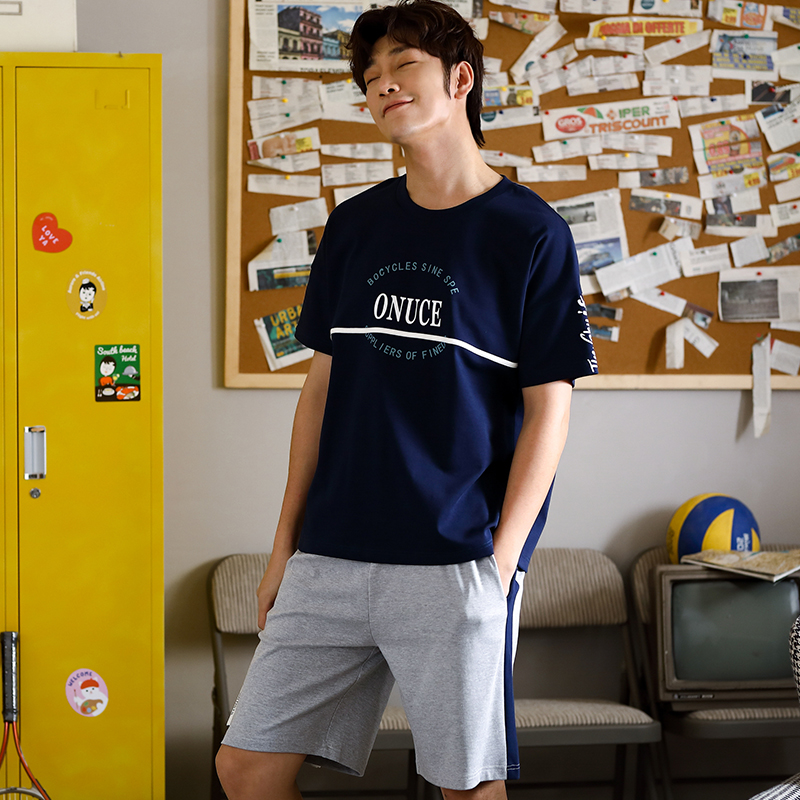 Casual Thư Pyjama Mens Summer bông ngắn tay áo Slim Teen Student Sourcotton Home Mang Set ngày.