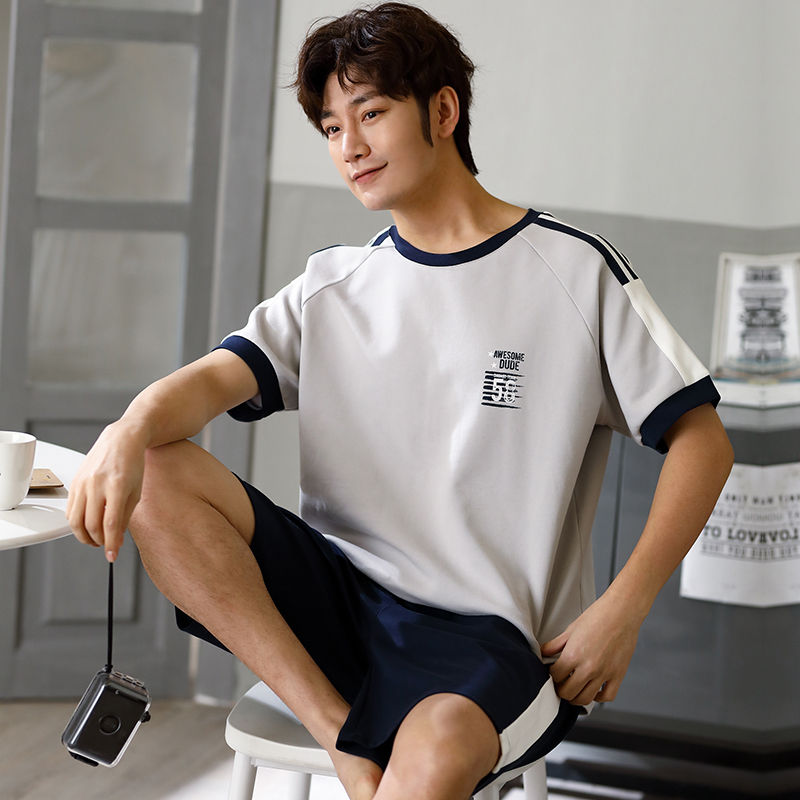 Casual Thư Pyjama Mens Summer bông ngắn tay áo Slim Teen Student Sourcotton Home Mang Set ngày.