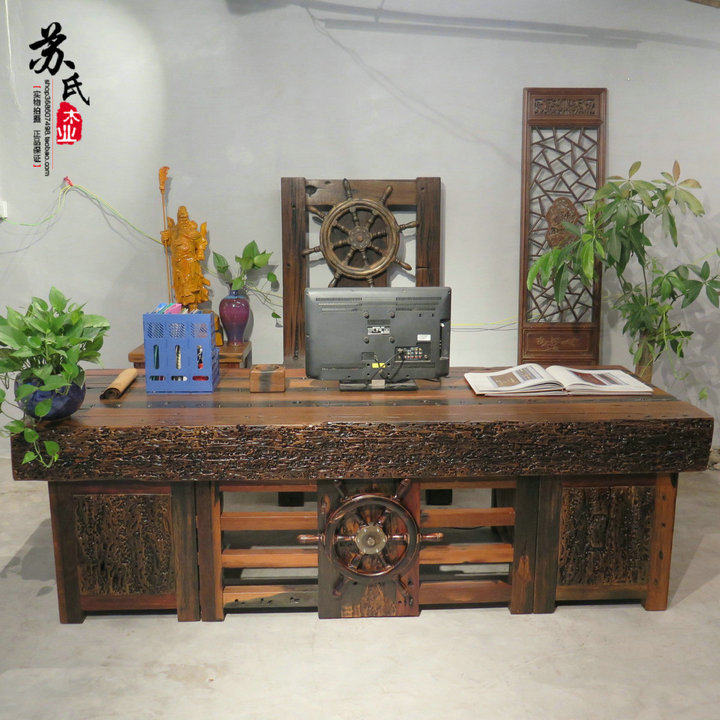 Old ship wood solid wood furniture tea table and chair combination conch hole desk computer desk tea table office leisure atmosphere