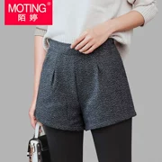 Quần short len ​​Mo Ting nữ mùa thu đông mặc kích thước lớn một chiếc quần cạp cao eo rộng giản dị chân rộng quần ống dày mỏng thủy triều