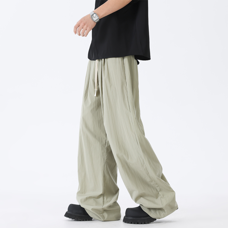Dofernery American Trendy Morandi Green Ice Silk Pants Men's Summer Thin Loose Drape Casual Long Pants