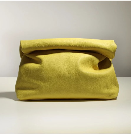 Niche Design Cowhide Solid Color Large Clutch Bag Stick-Shaped Underarm Handbag Simple Lazy Rolled Edge Large Capacity Clutch Bag