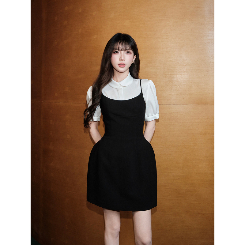 Avenement/Overlapping Collar Acetate Short-Sleeve Shirt, Small Round Neck French Shirt, Camisole Dress, Dress for Women