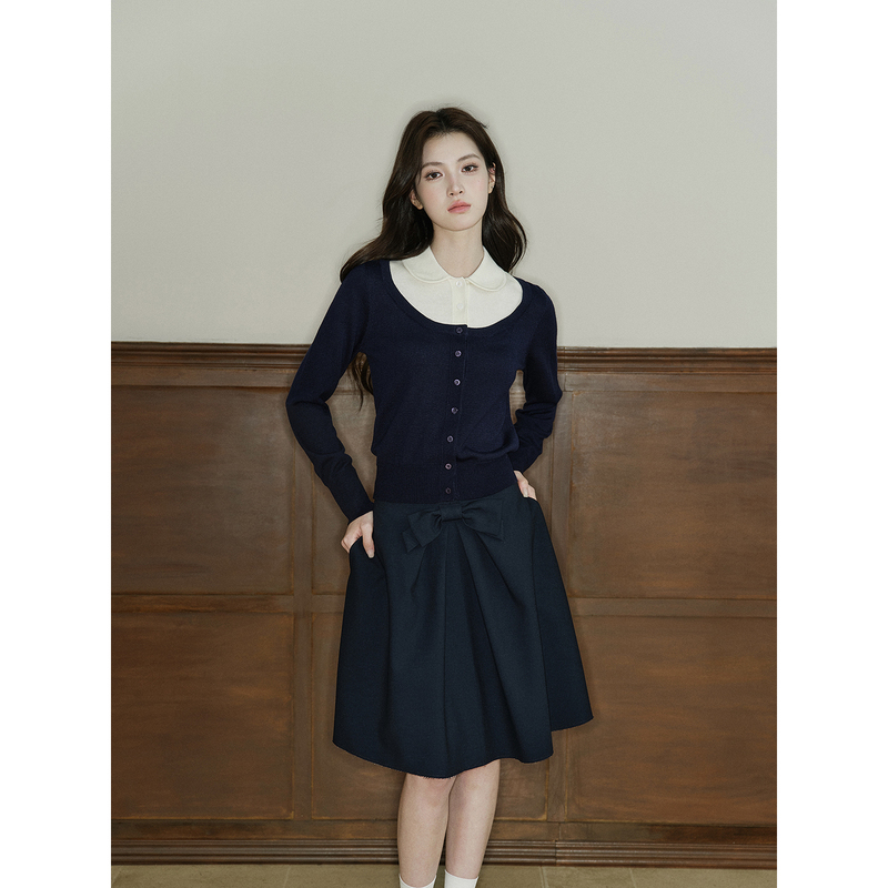 Avenement/Fake Two-Piece Doll Collar Knitted Cardigan Wool Blend Long Sleeve Top Sweater for Women in Autumn and Winter