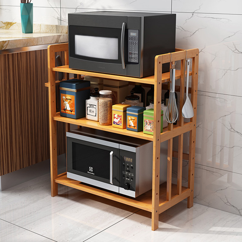 Bamboo kitchen shelf microwave oven oven storage rack multi-layer solid wood living room pot cover small storage cabinet landing