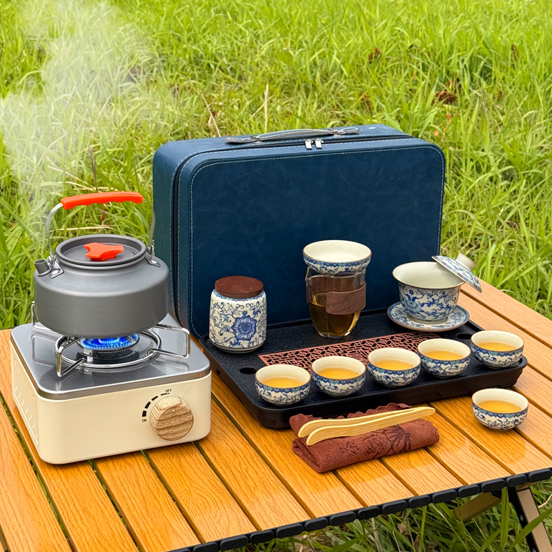 Portable Outdoor Camping Travel Kung Fu Tea Set with Cassette Stove, Tea Brewing Stove, Car-Mounted Tea Maker, and Tea Drinking Equipment