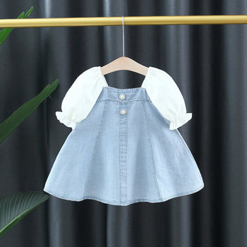 Western-style girl baby dress summer children's little girl puff sleeve denim princess skirt 0-1-2-3 years old