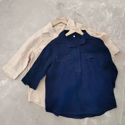 Cool pure linen summer thin button shirt sunscreen jacket casual three-quarter sleeve solid color shirt top