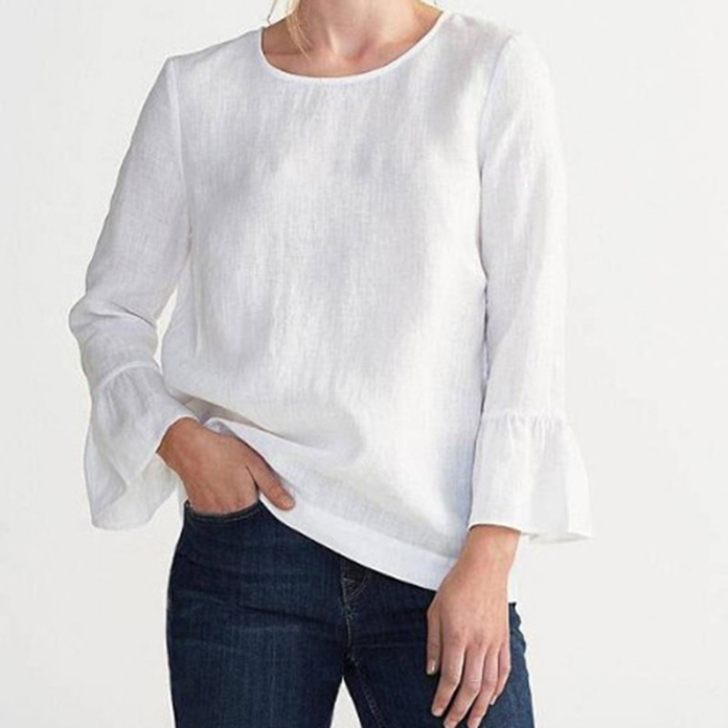 Plain color such as brocade Natural hemp minimalist design women's nine-point sleeve simple top Pure hemp smooth white shirt