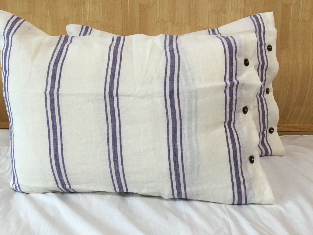 Mediterranean style striped pure linen pillowcase shell buckle closure linen yarn-dyed pillowcase single price