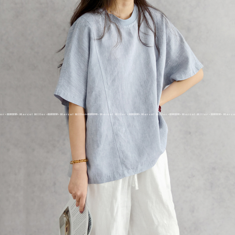 Tale·Pure Hemp Loose Casual T-Shirt, Round Neck, Regular Shoulder Fit, Slimming, Hides Body Fat, Short Sleeves, Breathable and Not Stuffy
