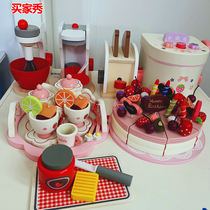 Girl simulation cooking childrens house kitchen set Afternoon tea Birthday cake toy wooden cutting music