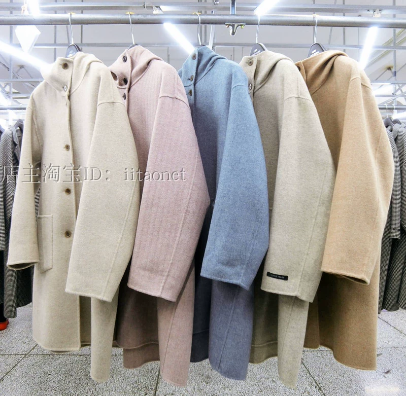 Áo khoác cashmere hai mặt được may thủ công của Hàn Quốc với phần dài trùm đầu trở lại xếp nếp áo khoác len xương cá - Accentuated eo áo