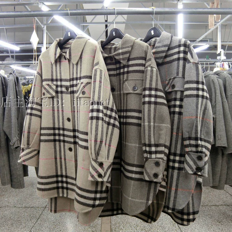Hàn Quốc khâu tay hai mặt áo cashmere màu kẻ sọc vuông áo len áo sơ mi bóng hình nữ - Accentuated eo áo