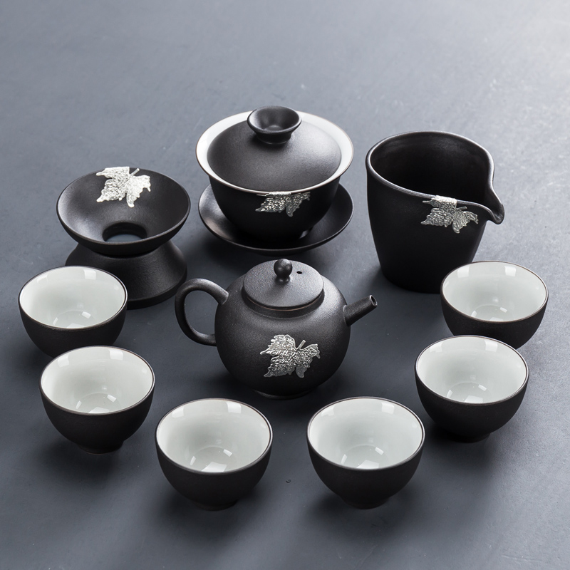 Ceramic Home Kung Fu Tea Set Group Black Pottery Cover Bowl Tea Cup Coarse Pottery Side Leaves Teapot Simple Drainage Tea Tray Day Style