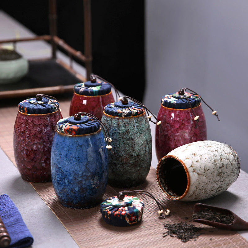Traditional art kiln kiln change tea cans Ceramic sealed cans Tea cans Tea storage cans Household Pu'er tea cans linen