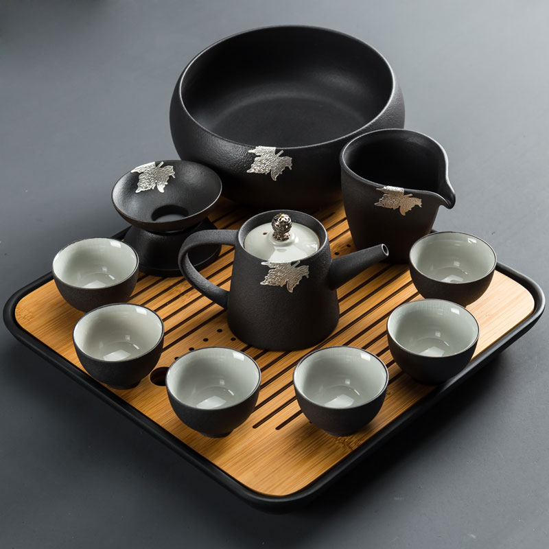 Japanese black pottery kung fu tea set teacup household minimal water storage tea disk living room full set ceramic teapot cover bowl