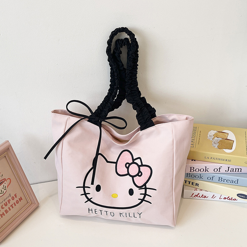 Cute Hello Kitty Cartoon Canvas Bag for Women, Large Capacity Shoulder Tote Bag, Versatile ins Embroidered Tote Bag