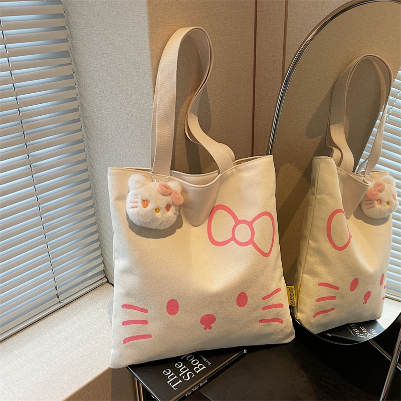 Hellokitty Cartoon Canvas Bag for Women 2026 New Large-Capacity Handbag College Student Shoulder Bag Commuter Bag