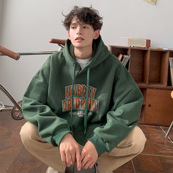 American-Style Vintage Printed Dark Green Heavyweight Hooded Sweatshirt for Men, Suitable for Spring, Autumn, and Winter, with Added Fleece and Thickness
