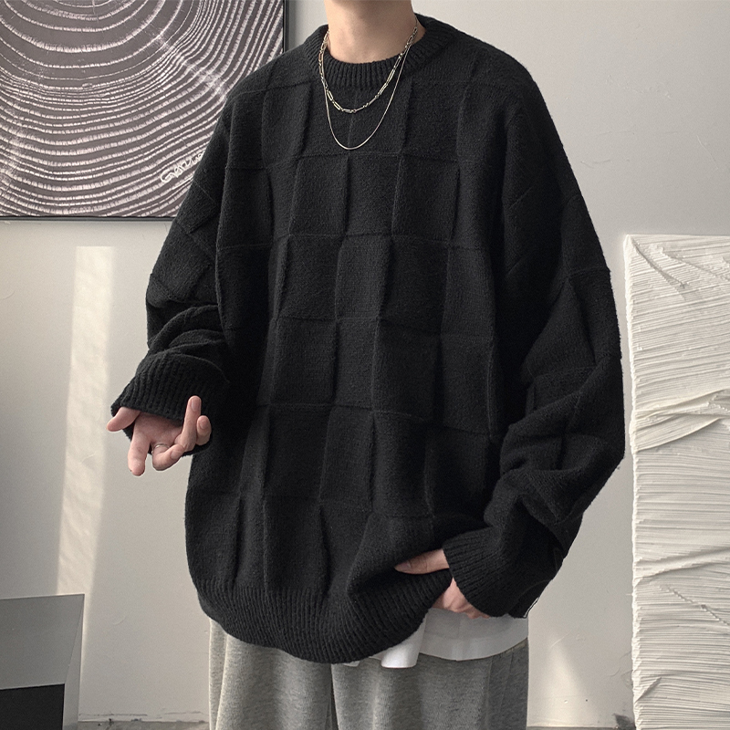 Black Three-Dimensional Pattern Crew Neck Sweater for Men, New Autumn and Winter Style, Lazy Style, Thick Knitted Inner Layer, Men's Base Shirt