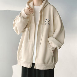 Apricot Cardigan Jacket for Men, New Spring, Autumn and Winter Style, Fleece-Lined and Thickened, Casual Hooded Sweatshirt, Men's Zip-Up Jacket