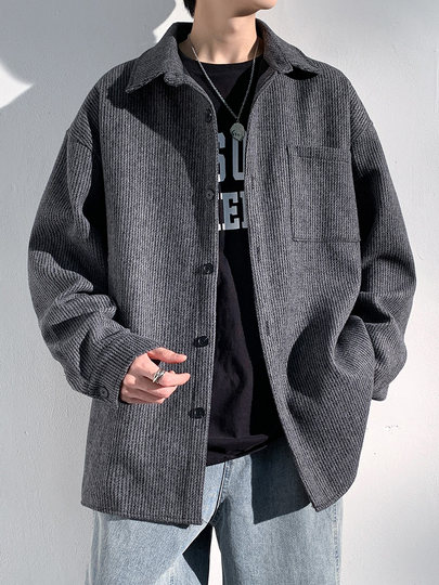 毛呢外套男士春秋季2025新款宽松复古高级感潮牌休闲翻领工装夹克