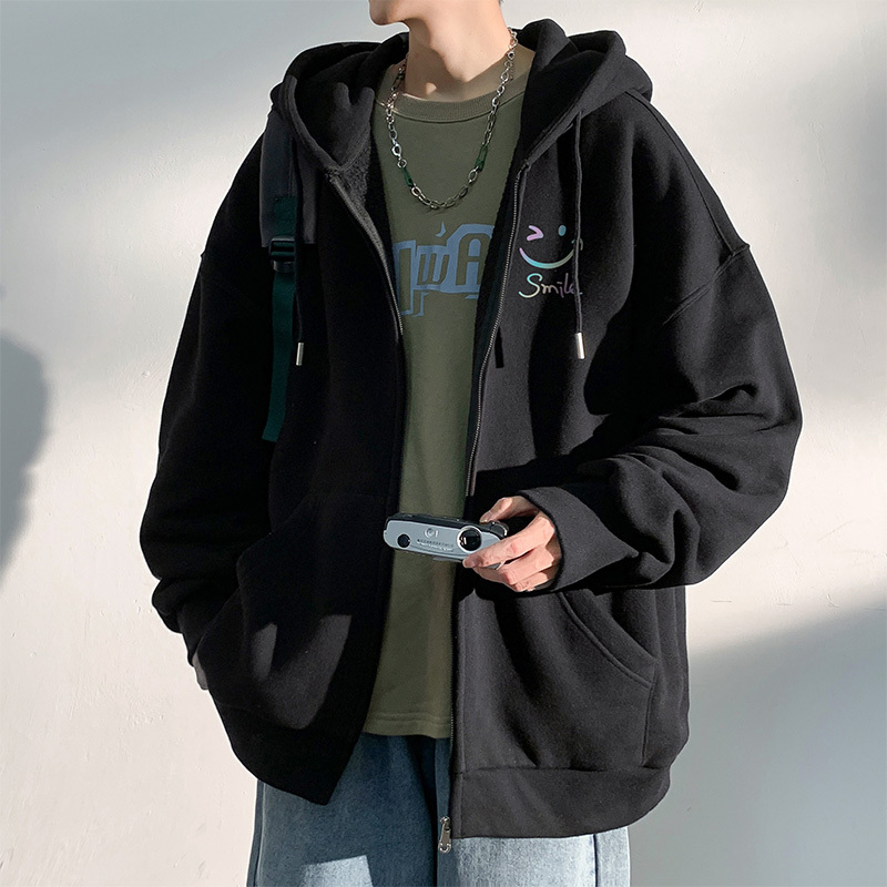 Black Cardigan Jacket for Men, New Spring, Autumn and Winter Style, Fleece-Lined and Thickened, Casual Hooded Sweatshirt, Men's Zip-Up Jacket