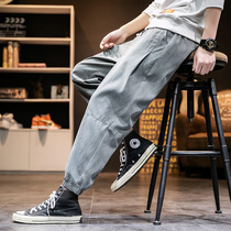 Flax nine casual pants mens summer thin loose trend sports bunches foot cotton linen Ice Silk quick-dry long pants