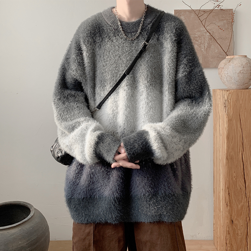 Color-Blocked Crew Neck Mohair Soft Sweater for Men, Autumn and Winter, Lazy Style, Loose Knit Inner Layer, Men's Base Shirt