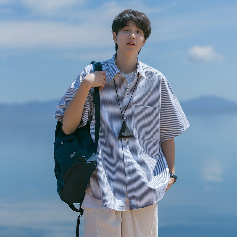 Japanese City Boy Blue and White Striped Short-Sleeved Shirt for Men, New Summer Loose Casual Men's Shirt Jacket