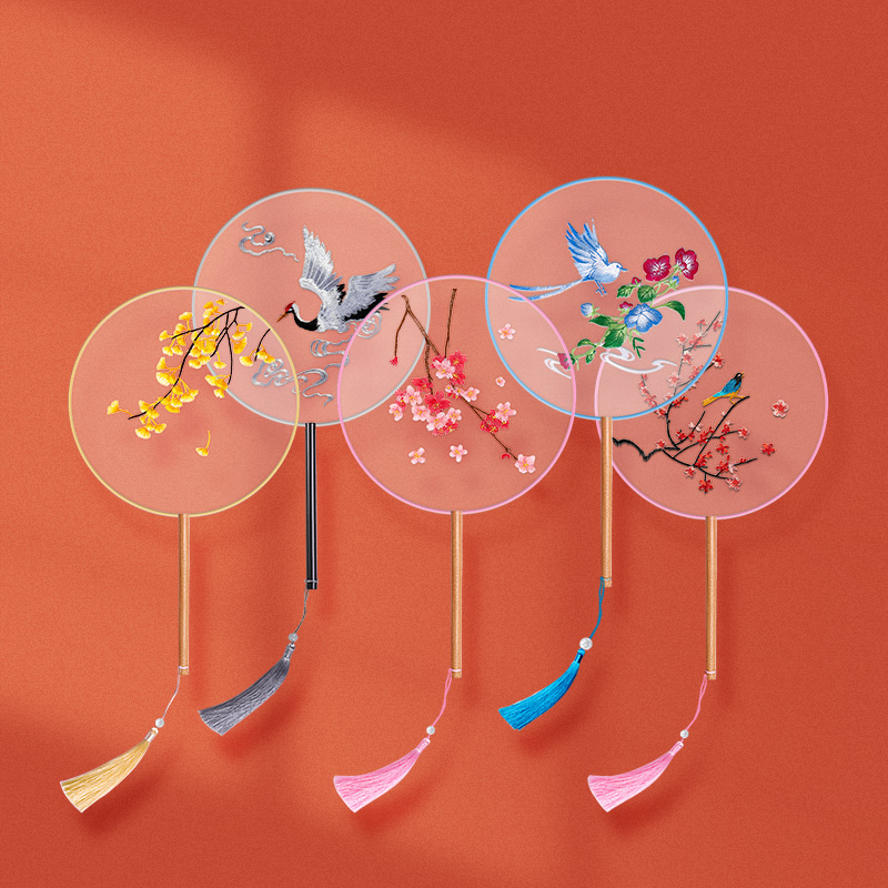 Su-embroidered fan bifacial children Summer dance photography Chinese Wind Classical Embroidery Long Handle Ancient Wind Hanfu Fan