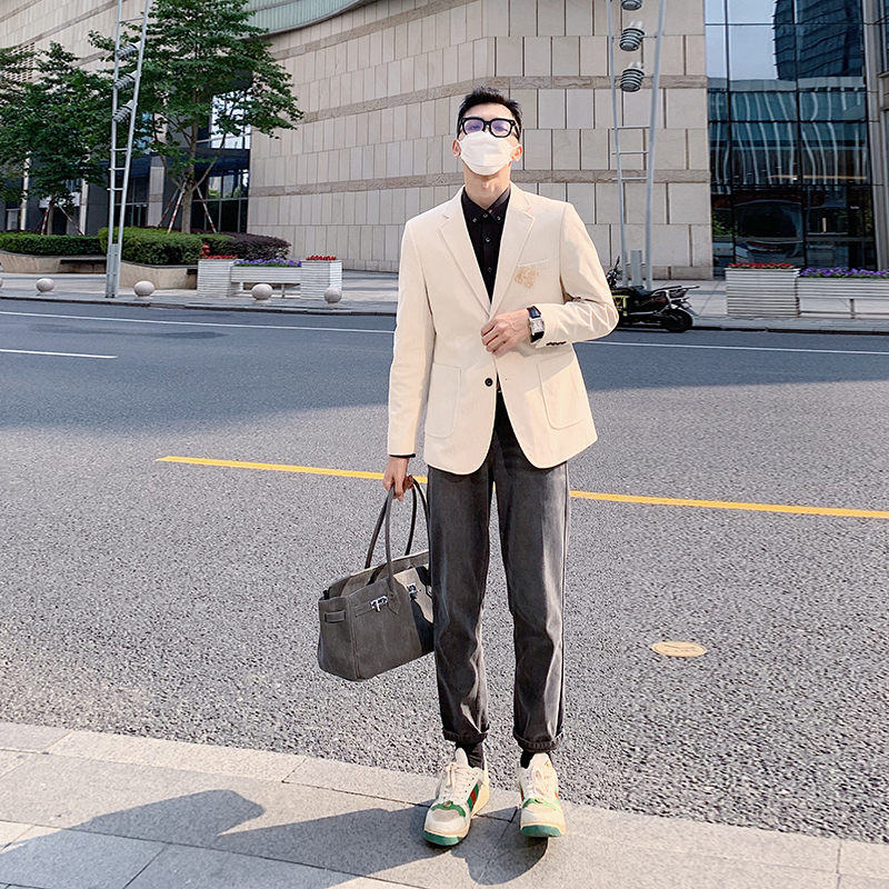Jy輕熟穿搭燈芯絨西裝外套男春新款韓版寬鬆復古休閒西服上衣單件