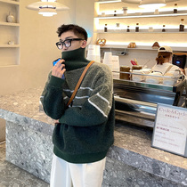 JY light cooked wearing high neckline color thickened sweater youth Korean version casual stitch sweatshirt loose 100 hitch minimalist around the bottom