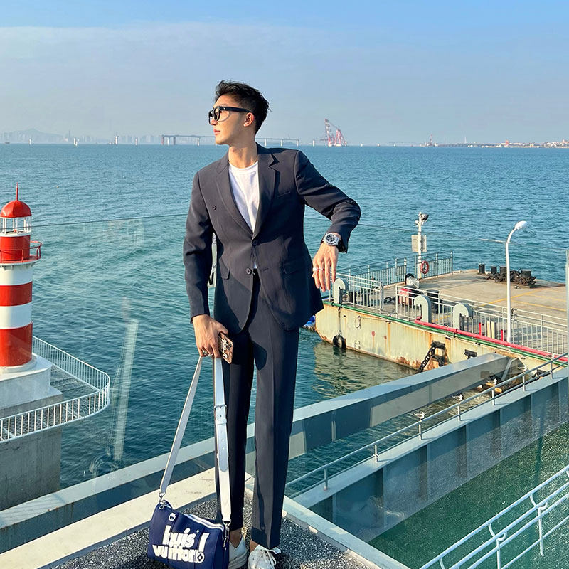 JY light and familiar men's wear black strappy suit jacket and trousers 2022 spring new casual suit suit trend