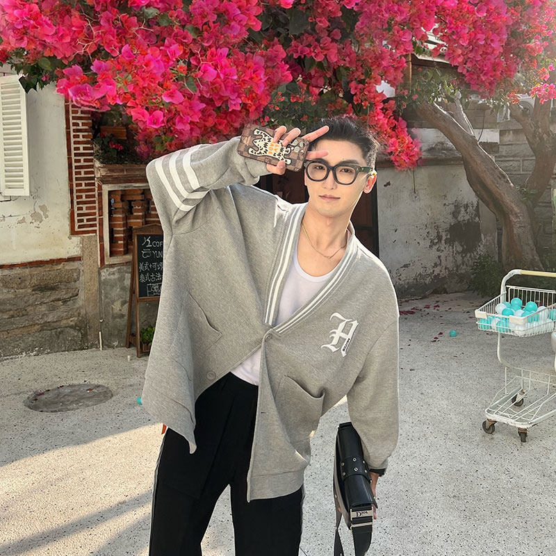 JY light ripened men's clothing grey V collar loose knit cardiovert 2022 Spring new casual jacket Korean version Trend